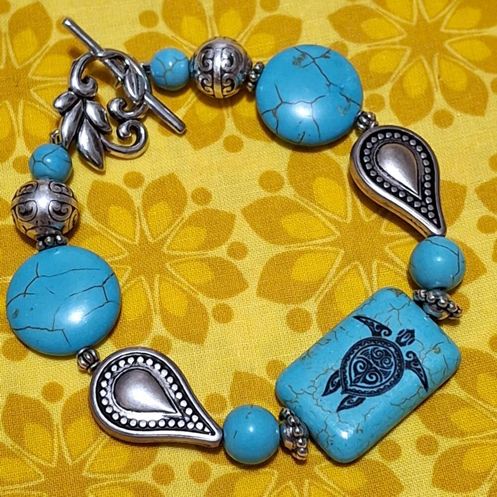 Artisan Hand Crafted Bracelet Turtle Tribal Art Silver Turquoise Beaded OSFM - Picture 2 of 11